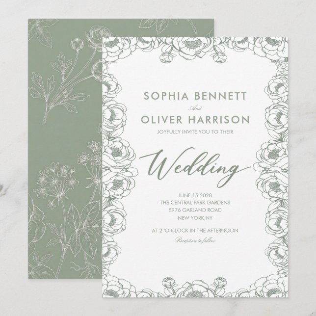 convite de casamento simples e elegante em verde s (Frente/Verso)