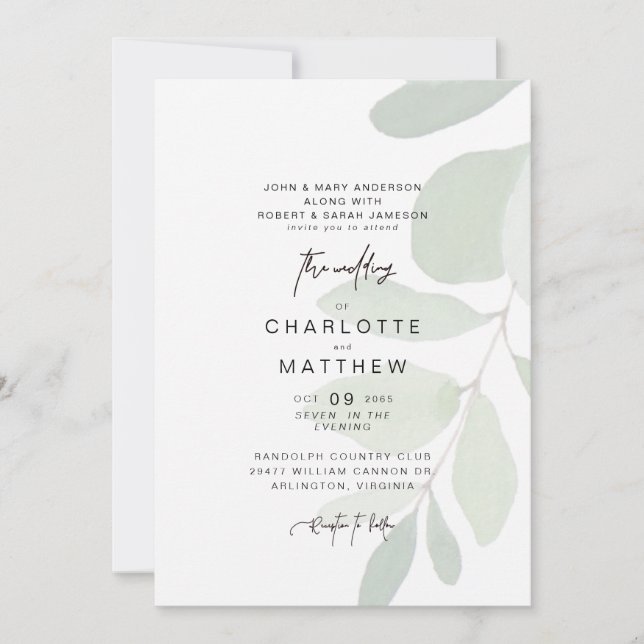 Convite de Casamento Simples Eucalipto Ambos os Pa (Frente)