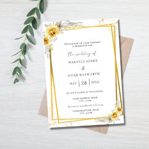 Convite de Casamento Simples Floral Amarelo Dourad