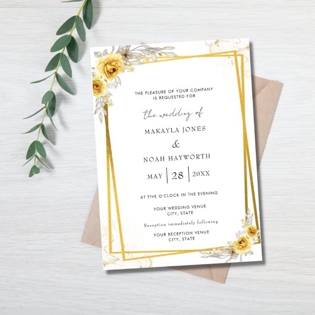 Convite de Casamento Simples Floral Amarelo Dourad (Criador carregado)