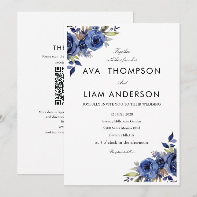 Convite de Casamento Simples Floral Azul Empoeirad (Frente/Verso)