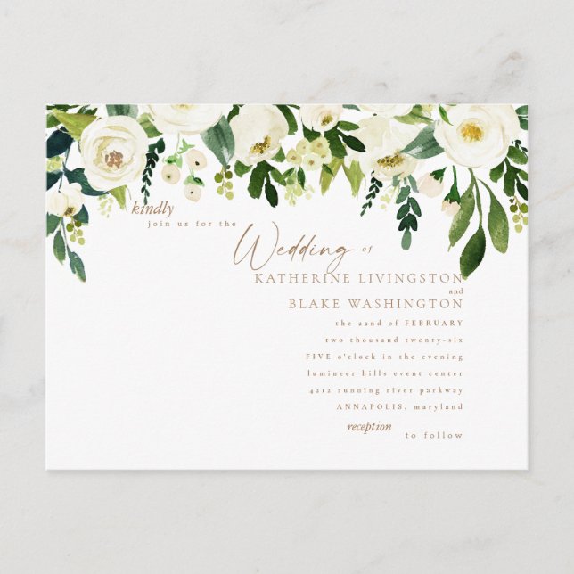 Convite de Casamento Simples Floral Branco e Doura (Frente)