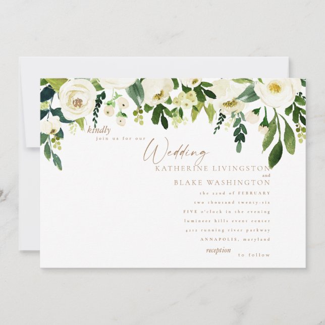 Convite de Casamento Simples Floral Branco e Doura (Frente)