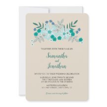 Convite de Casamento Simples Flores Azul Turquesa