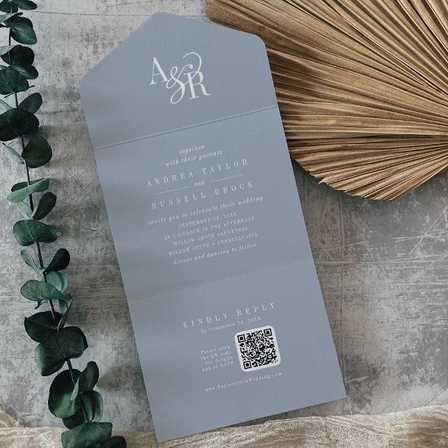 Convite de casamento simples minimalista azul empo (ANDREA QR Code Dusty Blue Simple Minimal Wedding All In One Invitation)