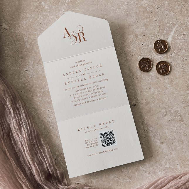 Convite de casamento simples minimalista creme Boh (ANDREA QR Code Boho Cream Simple Minimal Wedding All In One Invitation)