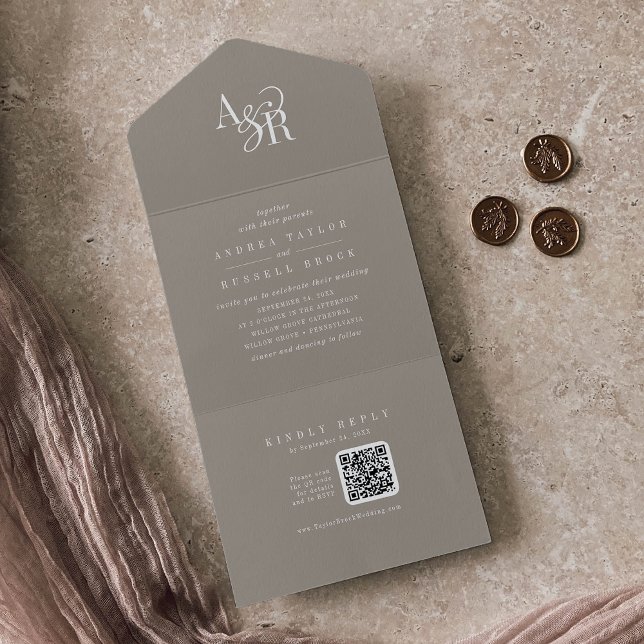 Convite de casamento simples minimalista QR Code R (ANDREA QR Code Rustic Taupe Simple Minimal Wedding All In One Invitation)