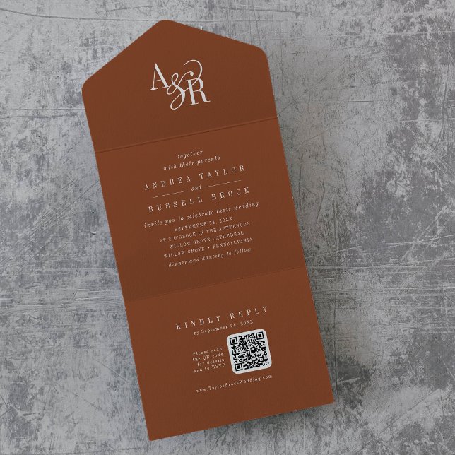 Convite de casamento simples minimalista terracota (ANDREA QR Code Terracotta Simple Minimal Wedding All In One Invitation)