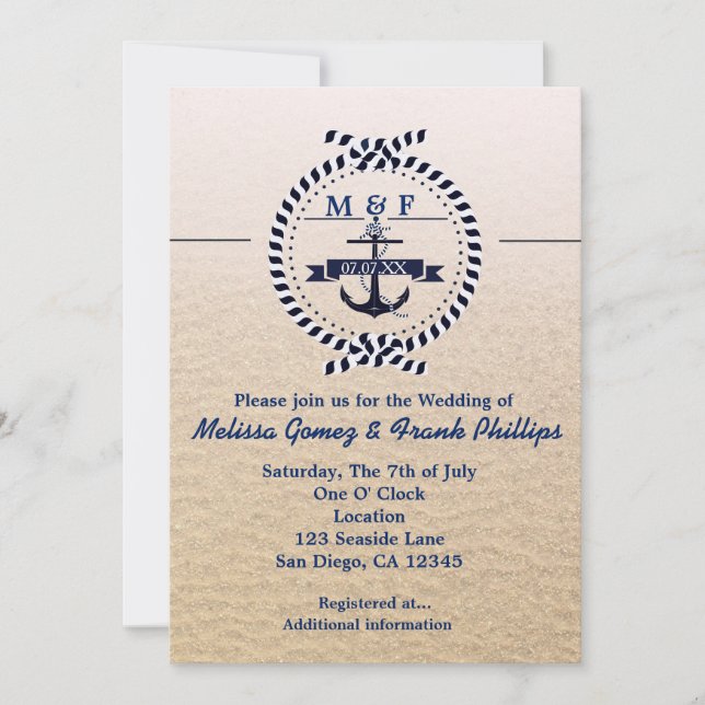 Convite de Casamento Simples Náutico de Praia Aren (Frente)