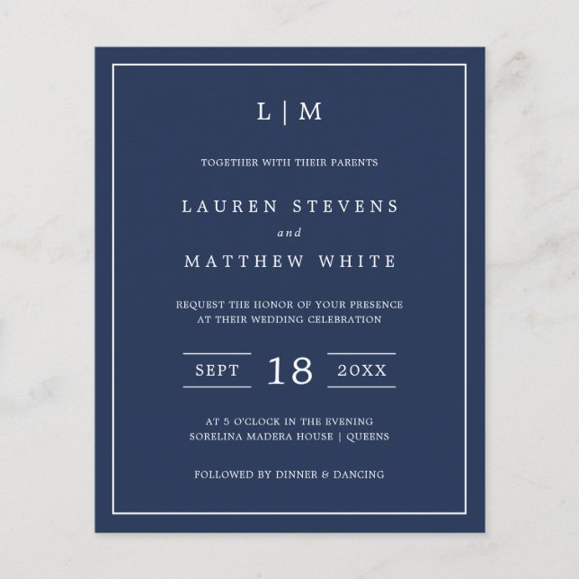 Convite de Casamento Simples Orçamento Navy Blue M (Frente)