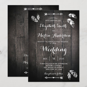 Convite de casamento simples pena de madeira rústi
