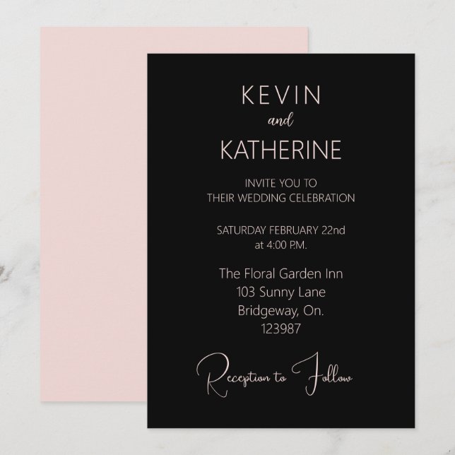Convite de Casamento Simples Rosa Poeirenta Preto (Frente/Verso)
