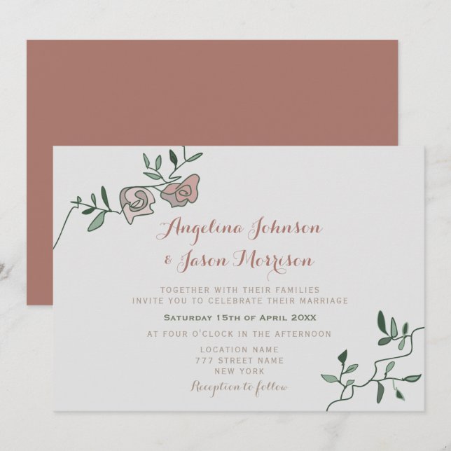 Convite de Casamento Simples Rosa Poeirento com Ve (Frente/Verso)