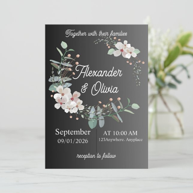 Convite de Casamento Simples Verde, Branco e Preto (Em pé/Frente)