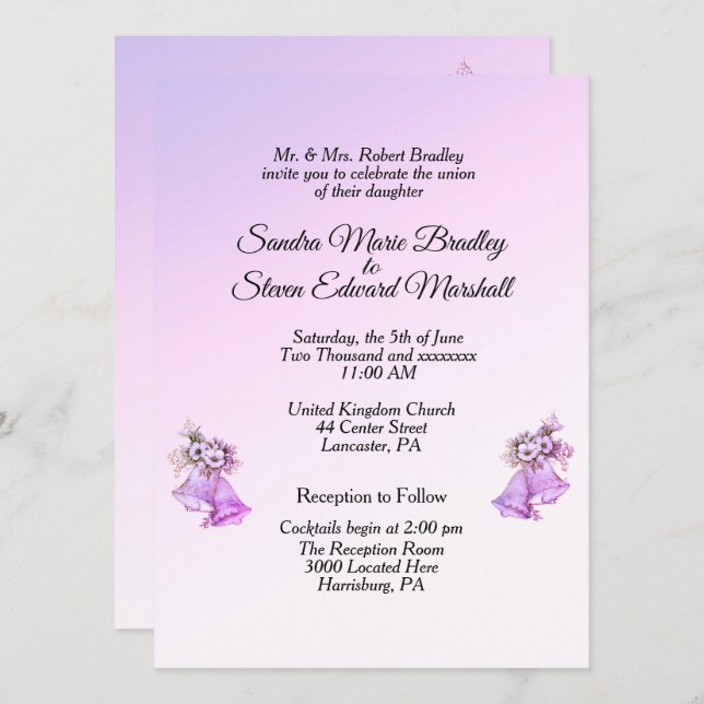Convite de Casamento Sininhos de Lavanda (Frente/Verso)
