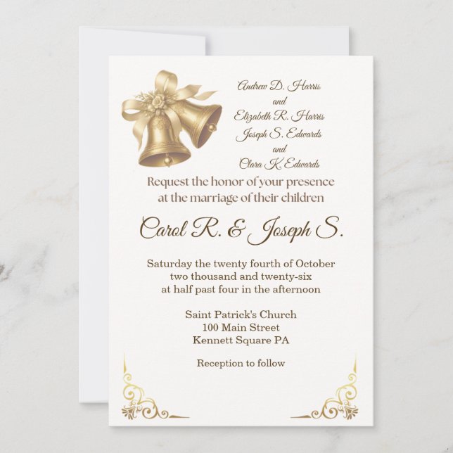 Convite de Casamento Sininhos Ouro Antigo (Frente)