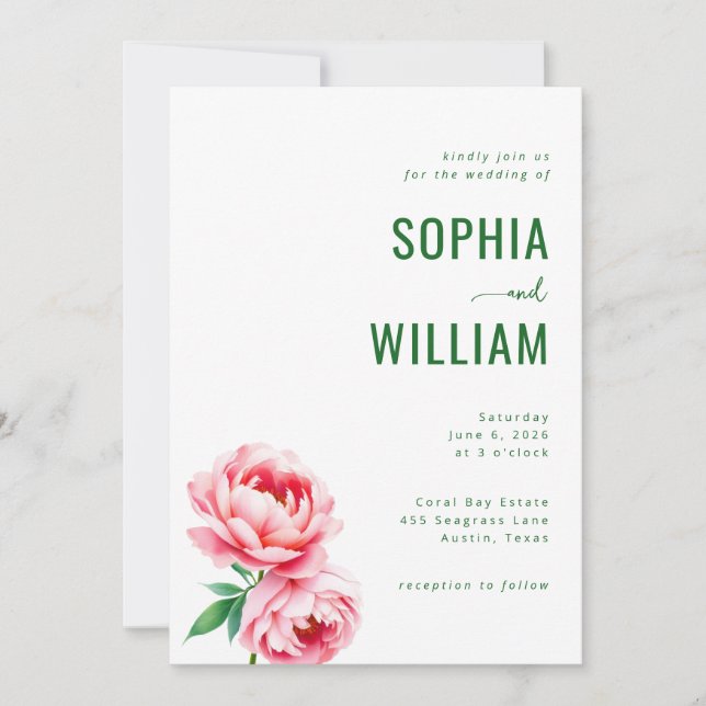 Convite de Casamento Sofisticado com Flores Rosa (Frente)