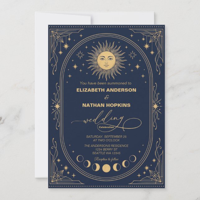 Convite de Casamento Sol Lua Celestial Dourado Azu (Frente)