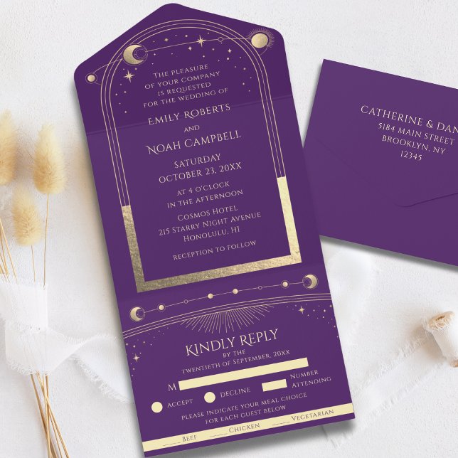 Convite de Casamento Sol Lua Estrelas Dourado Roxo (Criador carregado)