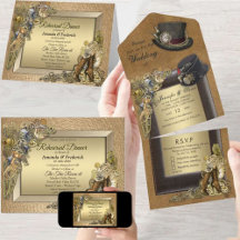 Convite de Casamento Steampunk & Couro Dourado Tud