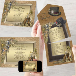Convite de Casamento Steampunk & Couro Dourado Tud