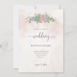Convite de Casamento Suculento Verde e Rosa