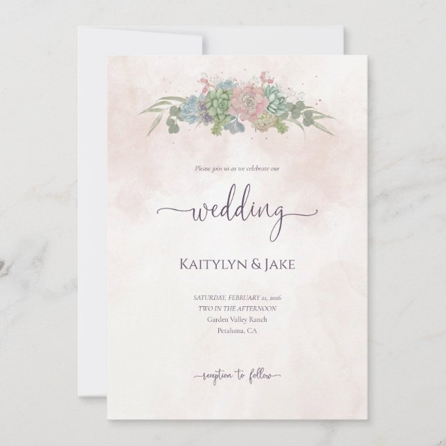 Convite de Casamento Suculento Verde e Rosa (Frente)