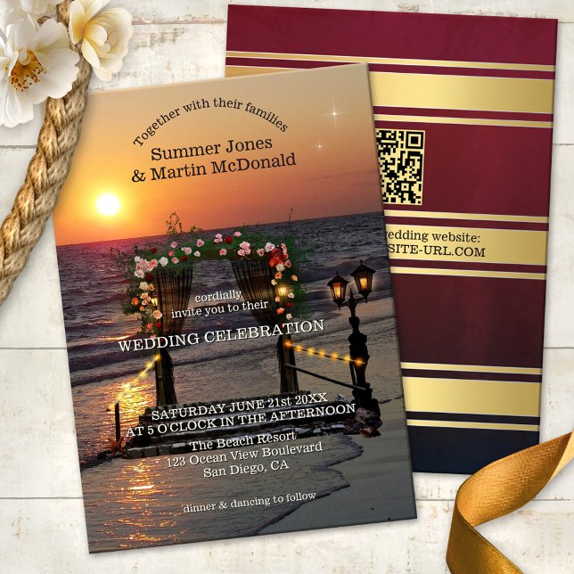 Convite de Casamento Sunset Beach Rose Arbor (Beach or destination wedding invitation featuring a sunset at sea with a festive rose arbor)