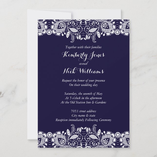 Convite de Casamento Sweet White Lace Azul Real (Frente)
