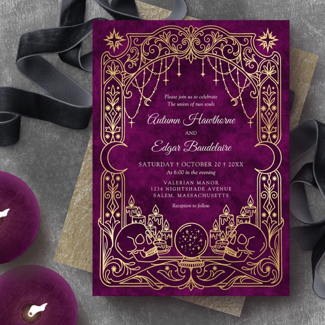 Convite de Casamento Tarot Gótico Burgundy Witch (Criador carregado)