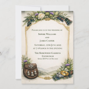 Convite de Casamento Tártan com Esporão e Cardo Es