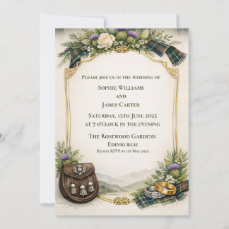 Convite de Casamento Tártan com Esporão e Cardo Es