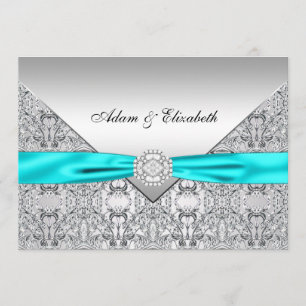 Convite de Casamento Teal Blue Lace Diamond Ribbon