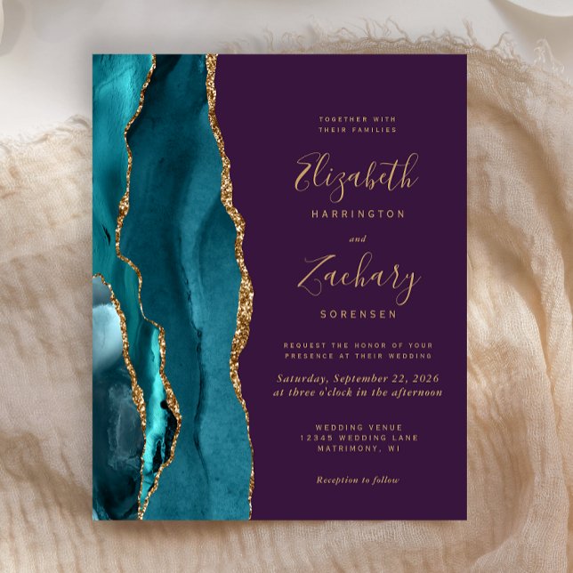 Convite de Casamento Teal Dourado Ágata Roxo Orçam (Criador carregado)