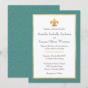 Convite De Casamento Teal & Dourado Fleur De Lis