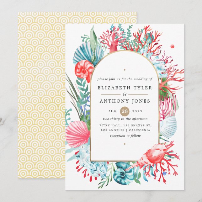 Convite de casamento Teal e Coral Sea Life (Frente/Verso)
