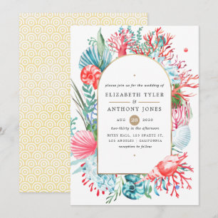Convite de casamento Teal e Coral Sea Life