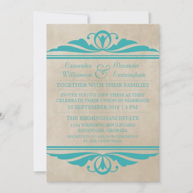 Convite de casamento Teal Elegante Deco (Frente)