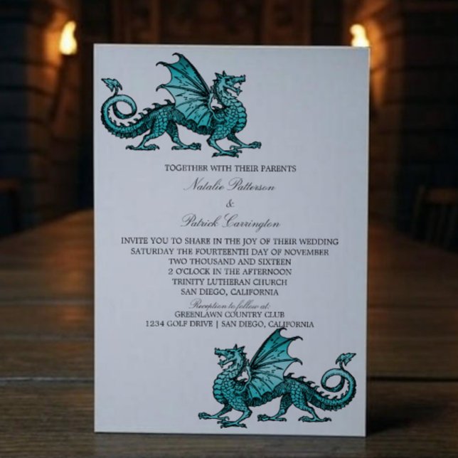 Convite de casamento Teal Medieval Dragon (Teal Medieval Dragon Wedding Invite)