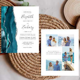 Convite de Casamento Teal Prata Ágata 4 Fotos Orça