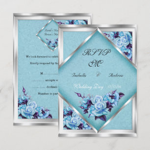Convite de Casamento Teal Roxo Rosas Prata Bouquet