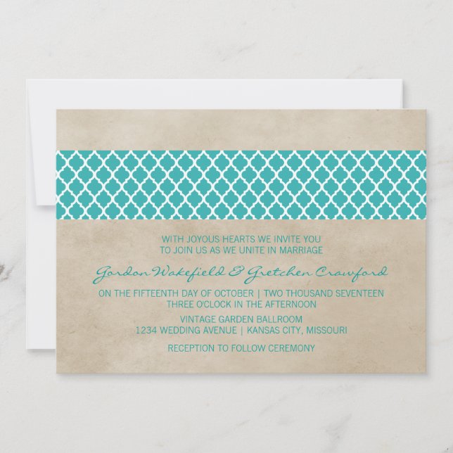 Convite de casamento Teal Rustic Quatrefoil (Frente)