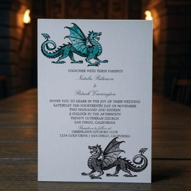 Convite de casamento Teal Silver Dragon (Teal Silver Medieval Dragon Wedding Invite)