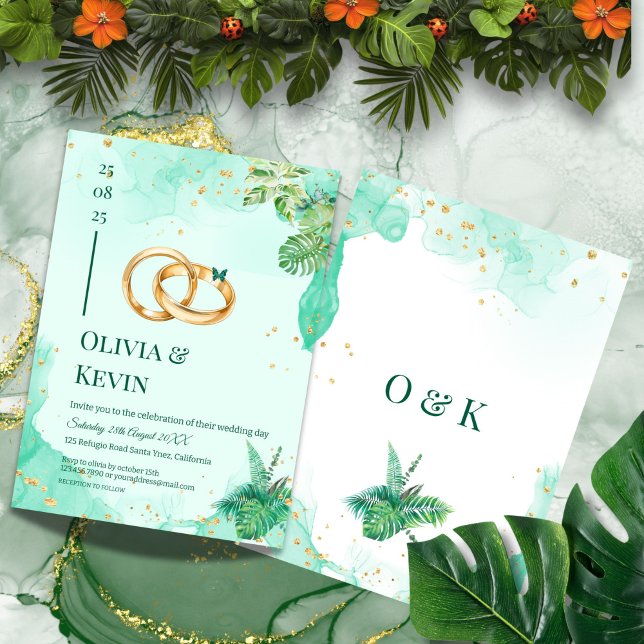 Convite de Casamento Teal Tropical Gold Monstera (Criador carregado)
