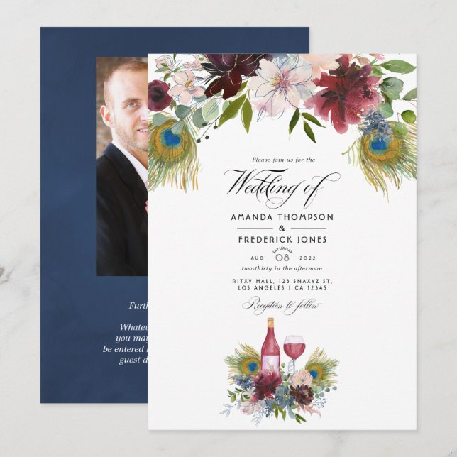 Convite de Casamento Temático de Vinho com Pavão e (Frente/Verso)