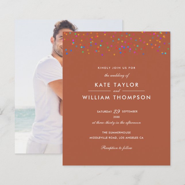 Convite de Casamento Terracota com Confetes Colori (Frente/Verso)