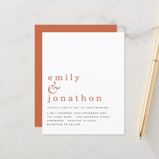 Convite de Casamento Terracota de Texto Simples Or (Frente/Verso In Situ)