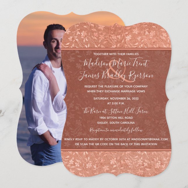 Convite de Casamento Terracota Floral, Corações e  (Frente/Verso)