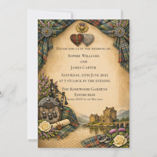 Convite de Casamento Thistle Corações Celta Tartan