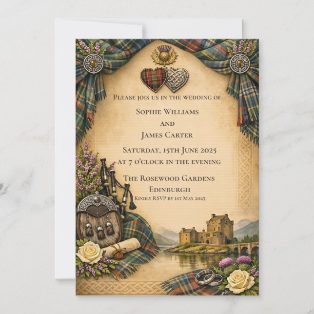 Convite de Casamento Thistle Corações Celta Tartan (Frente)